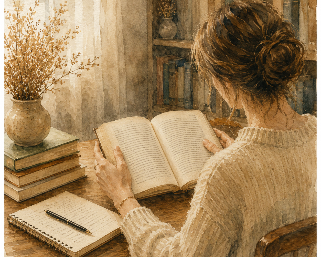Mani che leggono un libro in una biblioteca