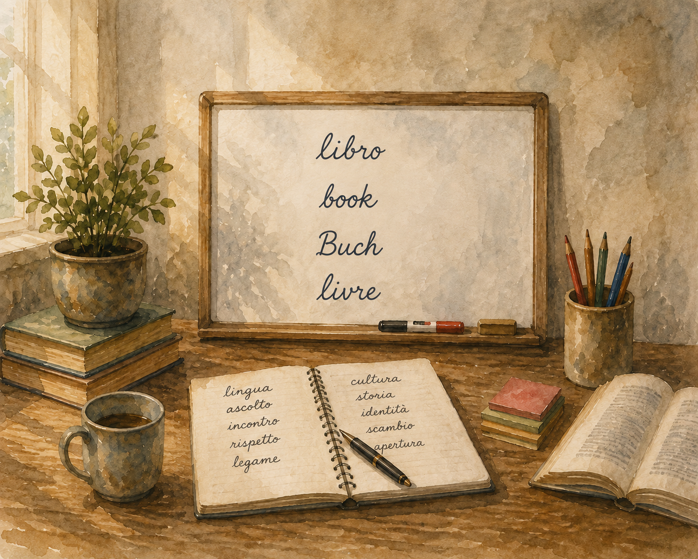 Libri, quaderno e materiali per lo studio delle lingue