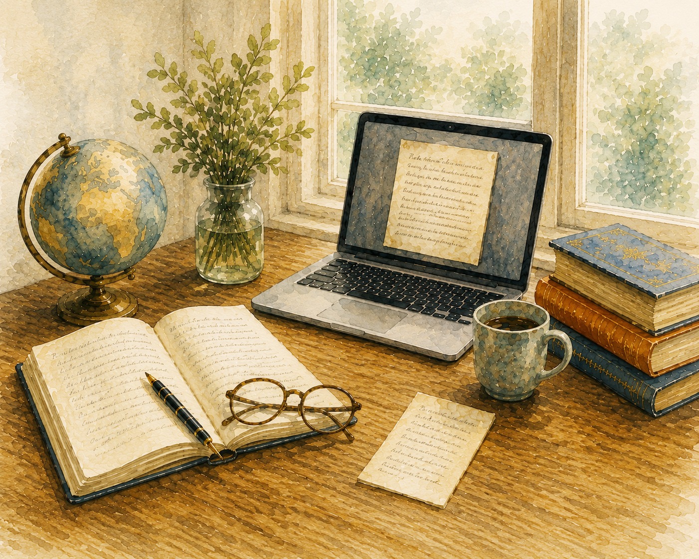 Scrivania di lavoro con libri, testi e strumenti per la traduzione